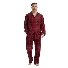 kolipajam Mens 100% Cotton Flannelette Yarn Dyed Plaid Pajama Pants with Pockets Drawstring Waist Loungewear Pants Dark Blue Check for Men, Red and Black Plaid 2 Mens