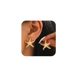 Egfyqzbryn Starfish Stud Earrings for Women Gold Chunky Starfish Earrings Boho Beach Ear Studs Dainty Lightweight Beach Shell Earring Hypoallergenic Ocean Vacation Summer Accessories Jewelry (Gold-1)