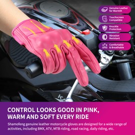 shamofeng Women Pink Genuine Leather Motorcycle Gloves Full Finger Knuckle Protection Touchscreen Compatible for BMX ATV MTB Riding, Road Racing, Cycling, Climbing, Motocross
