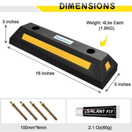 Car Parking Stopper – 2PCs Heavy Duty Rubber Curb Car Stop for Garage and Driveway, Parking Aid, 18” Tire Wheel Stop for Cars, Vans, Trucks – Prevents Hitting Wall or Barrier – Easy Installation