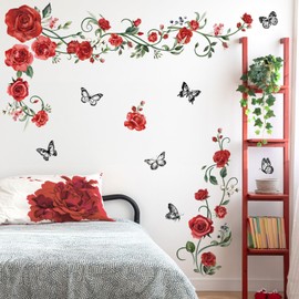 decalmile Red Rose Vine Wall Decals Flowers Butterfly Leaves Wall Stickers Bedroom Living Room Kitchen Wall Decor