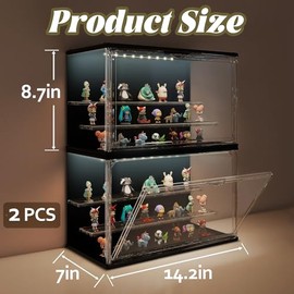 2PCS Clear Display Case for Collectibles, 3-Tier Adjustable Display Case with Led Light,Stackable Storage Bins with Magnetic Door for Jewelry (Black)