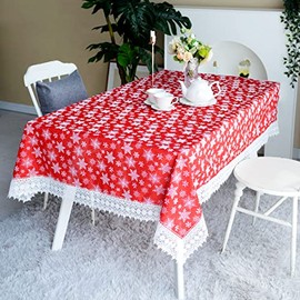 Violet Linen Seasonal Christmas White Snow Flakes, Macrame Lace Border Pattern, Polyester Embroidered Lace, Red, 52 Inch by 70 Inch, Seats 4 to 6 People, Rectangular Tablecloths