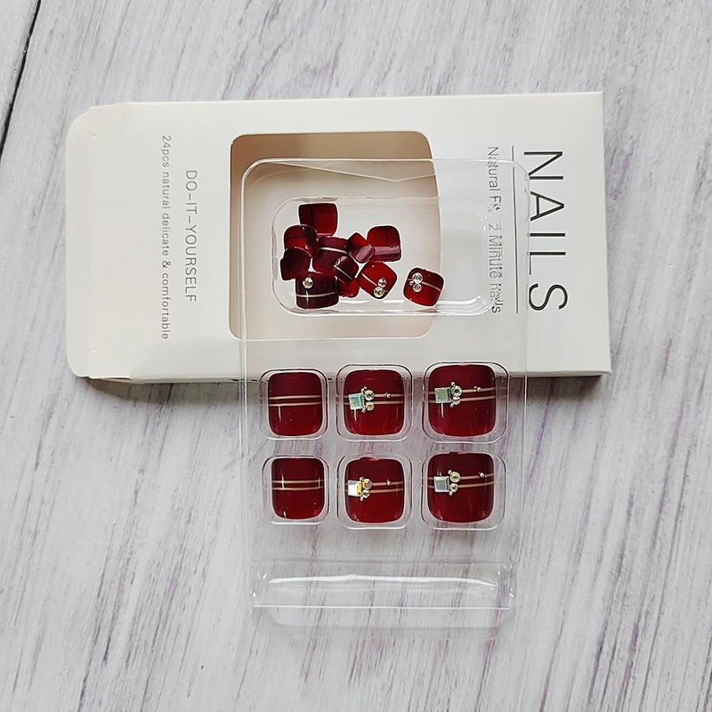 24Pcs Wine Red Press on Toenails for Women Summer Short