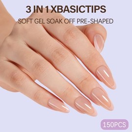 Misssix XBASICTIPS Uñas postizas francesas, 150 unidades, almendra mediana, gel suave preformado, sin lima, 3 en 1, para extensiones de uñas, 15 tamañ