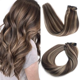 Blayage Clip in/on Hair Extensions Double Weft Brazilian Hair 22" 120g Ombre Chestnut Brown and Bleach Blond Highlighted Straight Soft Thick Hair Dip Dyed Full Head for Women