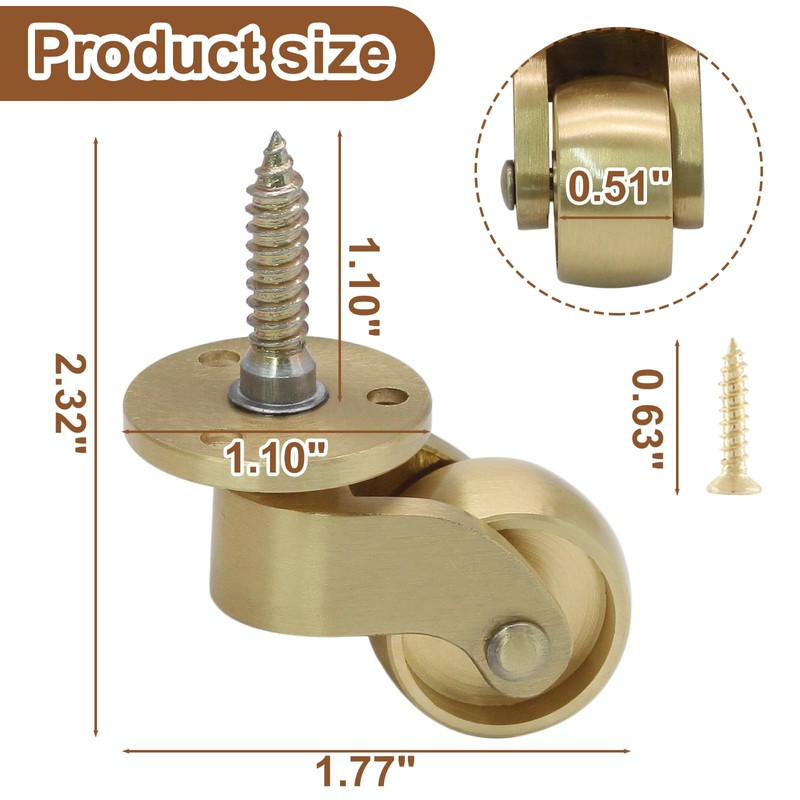 Litoexpe 4 Pcs Universal Brass Stem Caster Wheels, 360 Degree