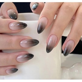 MERVF Almond Press on Nails Medium Fake Black Ombre French Glue ons Nail Gothic Dark Stiletto Acrylic Gradient Design Manicure Glossy 24pcs