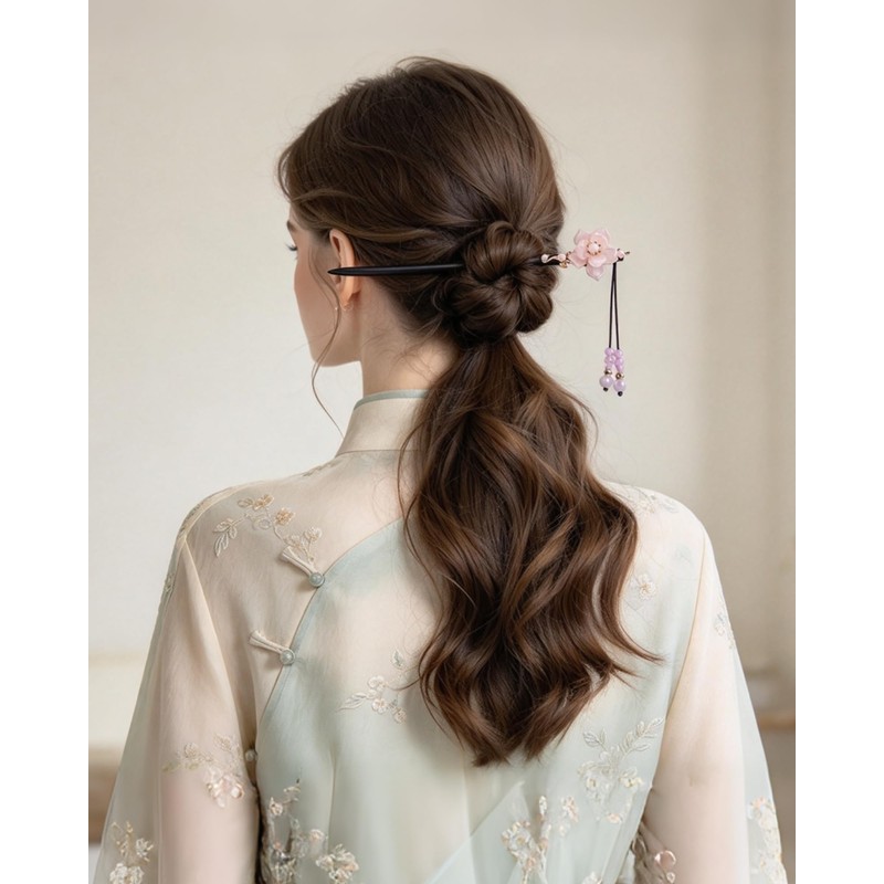 4 Pcs Chinese Hair Sticks for Women White Pink Flower