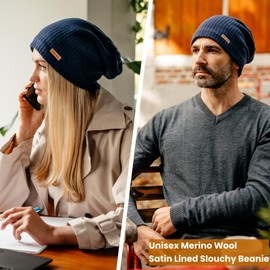 TOP-EX XL/XXL Merino Wool Satin Lined Slouchy Beanie Men Women Warm Winter Hat Big Large Head Knit Hat Navy Blue M/L