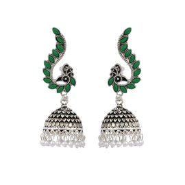 Crunchy Fashion Bollywood Jewellery Traditional Ethnic Bridal Bride Wedding Bridesmaid Indian Oxidised German Silver Meenakari Beautiful Green Peacock Design Jhumka Earring Jewelry For Women