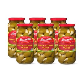 Mezzetta Garlic Stuffed Olives - Greek Green Olives with Fresh Garlic from California - Savory Flavor for Grilled Steak and Appetizers - 100% Natural Gourmet Snack Non-GMO - 10 Oz Jar - Pack of 6