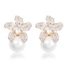 Blooming Flower Drop Cubic Zirconia Big Round Pearl Stud Earrings