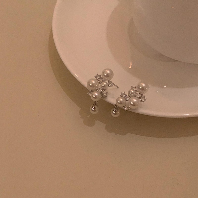 Pearl Earrings for Women, 14K Silver Plated Pearl CZ Dangle