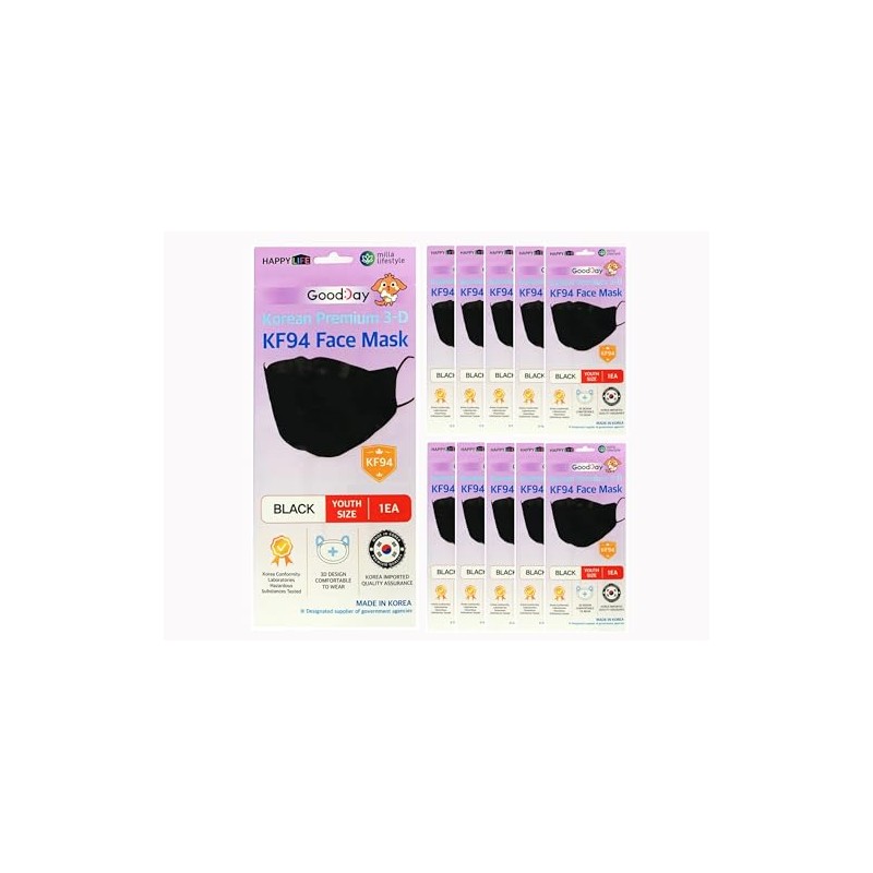 (Pack of 10) KF94 Kids Black Face Mask, Individual Pack