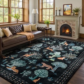 junovo 6x9 Machine-Washable, Super Soft Low Pile Jungle Animal Print Rug, Stain Resistant Kid Friendly Design for Living Room, Bedroom, playroom and Nursery, Black.