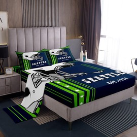 Erosebridal American Football City Bed Sheets Set - Sports Room Decor, Team Sheet Set Full 2 Pillow Cases, Fluorescent Green Navy Blue (Seattle)