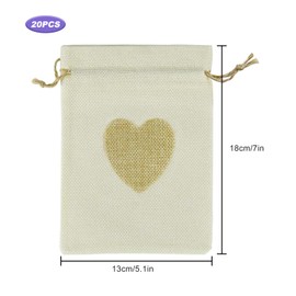 dogmoon Sacchetti di iuta, 13 x 18 cm, con coulisse, a forma di cuore, in lino, per gioielli, fai da te, per matrimoni, feste, Natale, 20 pezzi