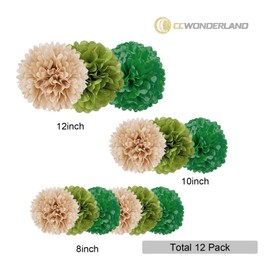 Olive Sage Green Tissue Paper Pom Poms-Tan Boho Tissue Paper Flowers-12PC Wall Hanging Decorations for Wild Safari Jungle Botanical Greenery Neutral Wedding Baby Shower Decorations