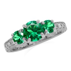 Silvershake Created Green Emerald 925 Sterling Silver 3-Stone Anniversary Engagement Ring for Women Size 9