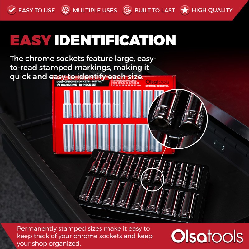 Olsa Tools Metric Deep Socket Set - 1/2-Inch Drive, 18pc