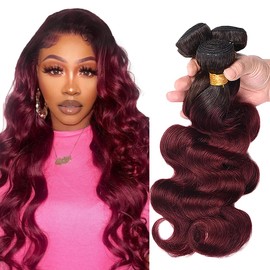 1b99j Body Wave Bundles Human Hair Ombre Burgundy Bundles 28 30 32 Inch Two Tone Black And Wine Red Bundles Burgundy Body Wave Bundles Double Weft Hair Extensions