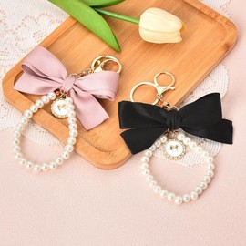 Black Wristlet Keychain for Car Keys Wristlet Keychain for Girls Pearl Keychain Wristlet with Bow Cute Keychain Accessories for Women Pink Keychain Set for Women Girls Keychain Bow