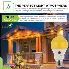 Bioluz LED 3 Pack Yellow Dusk to Dawn A19 Bug Light Bulb Auto On/Off 60W Replacement 9W Photocell Photosensor Instant ON and 3 Min Delay Off Indoor/Outdoor Lighting Lamp Garage Hallway Yard Porch UL