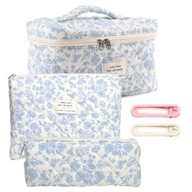 3-Piece Set Cosmetic Bag Women's Travel Toiletry Bag Large Cotton Toiletry Bag with Floral Pattern Portable Cosmetic Bag Organiser Quilted Make Up Bag with 2 Hairpins for Everyday and Travel