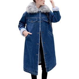 ebossy Women's Sherpa Lined Long Denim Jacket with Removable Faux Fur Collar (Medium, Dark Blue/Fur Collar)
