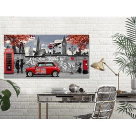 Banksy,London, All you need is love, Graffiti, Big Ben, Mini Cooper, canvas prints framed on bars wall art, wall hangins, home decor, canvas print art framed (24x12in 60x30cm)