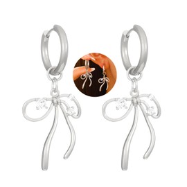 Gold Bow Dangle Earrings Silver Ribbon Drop Earrings Elegant Gold Silver Rhinestone Ribbon Hoop Prom Jewelry (Bow Earring Silver)
