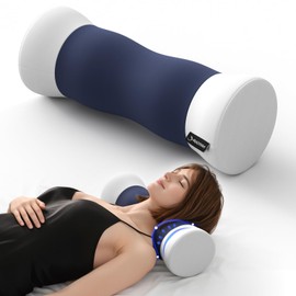 Ruizman Neck Roll Pillow - Cooling Cover Round Neck Pillow for Sleeping - Memory Foam Cervical Support Pillow - Ergonomic Cylinder Pillows for Neck, Leg, Back, Yoga, Relaxing (Blue White)