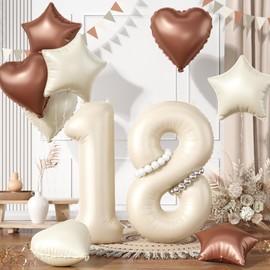 18 Cream White Balloons, 18 Number Balloons Set, Beige Number 18 Balloons, Brown Sand White Foil Star Heart Balloons With Long Balloons For 18th Birthday Party 1st 8th Baby Shower Decorations