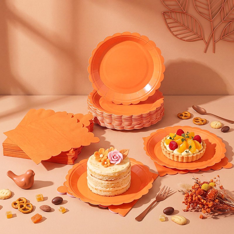 120 Pcs Orange Paper Plates and Napkins,7 Inch Scalloped Fall