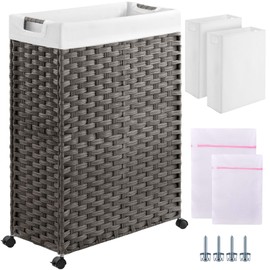 Greenstell Laundry Hamper with Wheels & Handles, 26.4 Gallon (100L) Slim Laundry Basket with 2 Removable Liner Bags & 2 Mesh Bags, Foldable Narrow Clothes Hamper for Bedroom, Bathroom, Closet, Grey