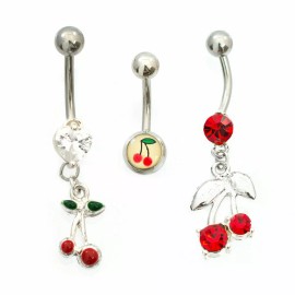 LionGothic Belly Button Ring Pack of 3 With Cherry and Cubic Zirconia Design 14g
