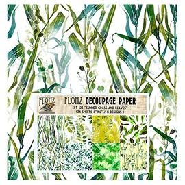 Flonz Decoupage Paper Pack (24 Sheets 6''x6'') Summer Grass and Leaves FLONZ Vintage Styled Seamless Pattern Paper for Decoupage, Craft and Scrapbooking