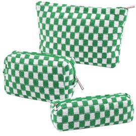 EIMMBD Makeup Bag 3 Pieces Large Capacity Checkered Cosmetic Bag Travel Toiletry Bag Organizer Cute Makeup Bag Pouch Storage Bag for Women (Green)