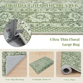 LIVEBOX Washable Green Area Rugs 6x9 - Ultra-Thin Large Light Green Living Room Rug, Non-Shedding Vintage Rug for Bedroom, Non-Slip Distressed Floral Dining Room Rugs for Under Table