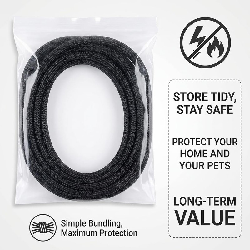 Cable Management Sleeve 10ft, Cat & Dog Chew Resistant Cord