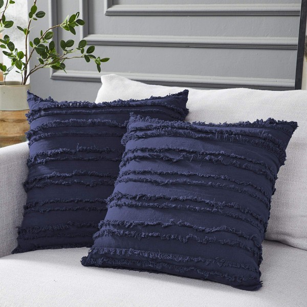 Longhui bedding Navy Blue Throw Pillow Covers for Couch Sofa Bed, Cotton Linen Decorative Pillows Cushion Covers, 18 x 18 inches, Set of 2