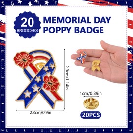 WANDIC 20Pcs Poppy Flower Lapel Pins, USA Flag Remembrance Day Memorial Day Veterans Day Brooches with Gold Edge for 250th Anniversary Patriotic Events