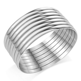 Castillna Glossy Stainless Steel Plus Size Bangle Bracelets Set for Women, Silver, Set of 7 Pieces, 9 inches