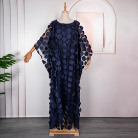 HD African Women Applique Flower Dress Boat Neck Navyblue Caftan Chiffon Gown One Size