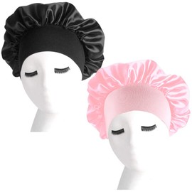 nuoshen 2 Pack Satin Bonnet with Wide Elastic Band, Satin Bonnets Elastic Hat Soft Sleeping Head Cover for Night Sleep Curly Hair Protection Head Cover (Black+Pink)