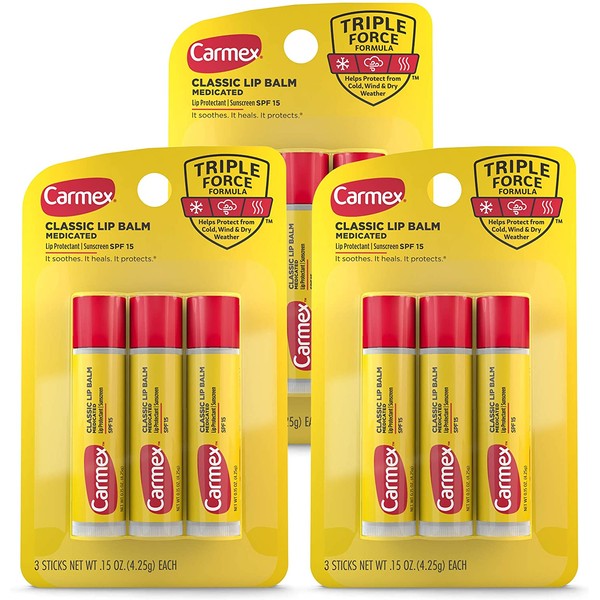 Carmex Medicated Lip Balm Sticks, Lip Moisturizer for Dry, Chapped Lips - 3 Count (3 Pack)