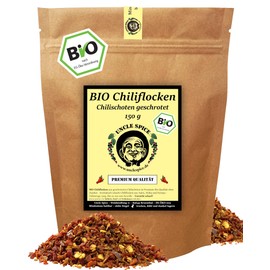 UNCLE SPICE® DE-ÖKO-005 Organic Chilli Flakes 150 g Chilli Pepper Flakes in Premium Quality Fine Organic Chilli Flakes in Aroma Bag Pleasant Sharpness