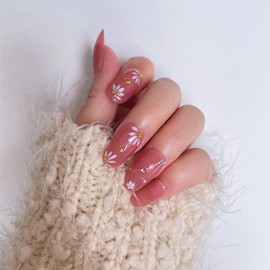 Caizqbry 24 Pcs Press on Nails Fake Nails Acrylic French Design Nails for Women and Girls (Medium Cute Almond Red Flower)