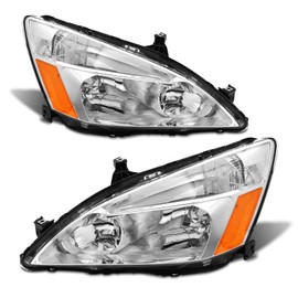 ADCARLIGHTS 2003 2004 2005 2006 2007 Accord Headlight Assembly for 2003-2007 Honda Accord 2/4dr Clear Lens Chrome Housing with Amber Reflector Headlamp Replacement Left and Right Pair